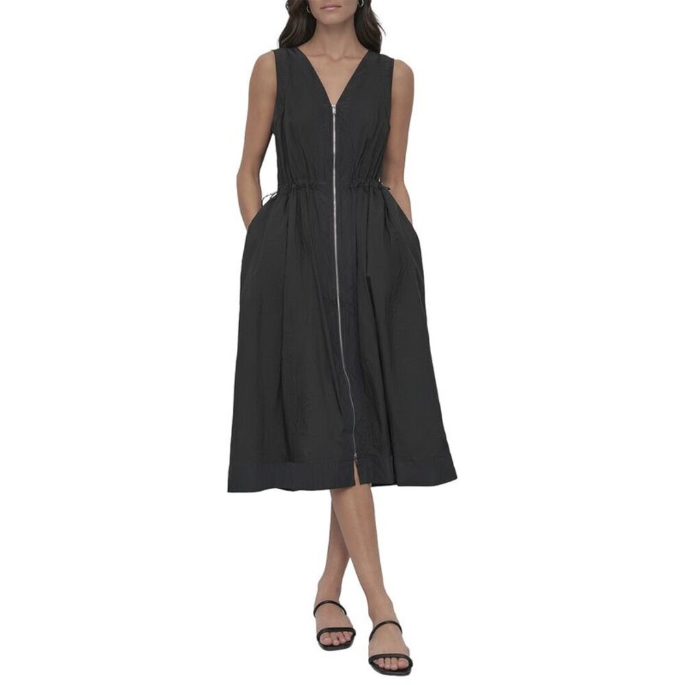 Dkny Womens  V-Neck Zip Front Dress, Black